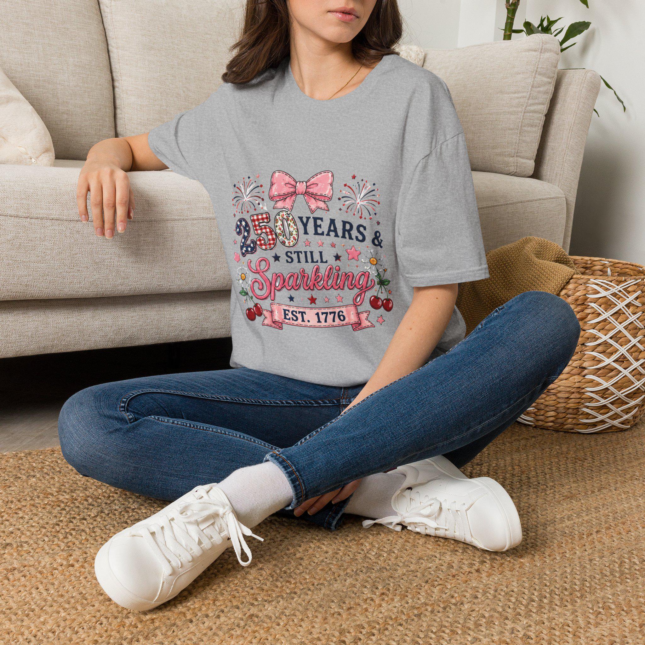 250 Years & Still Sparkling T-Shirt | 1776 Patriotic Fireworks Bow, 250th Anniversary, America USA Birthday, 4th of July, Excellent Gift!