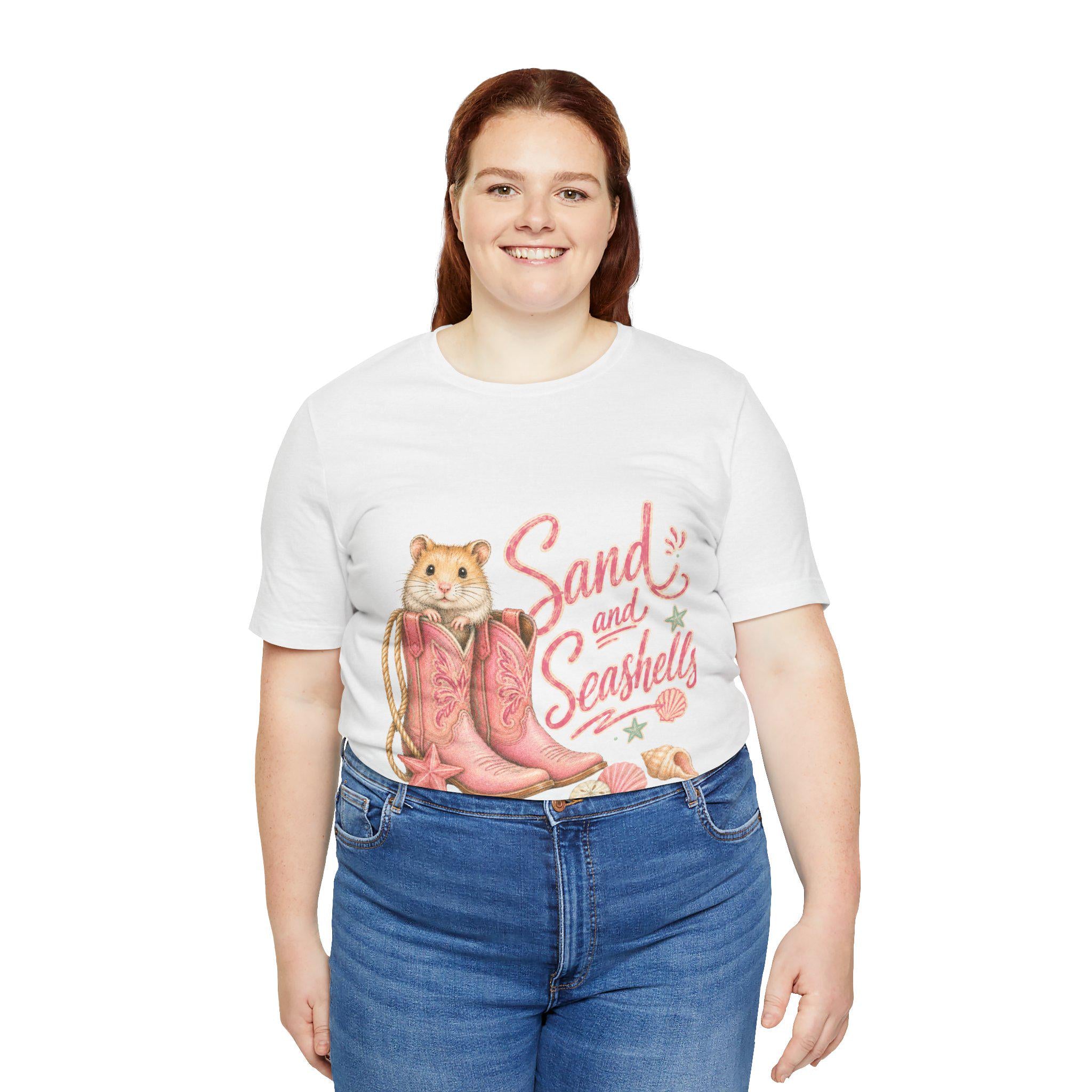 Hamster in Pink Boots T-Shirt | Sand and Seashells Beach Graphic Tee, Excellent Gift!