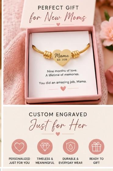 Push Present Engraved Heart Cuff Bracelet | Silver Wire Heart Bracelet, Personalized Engraving