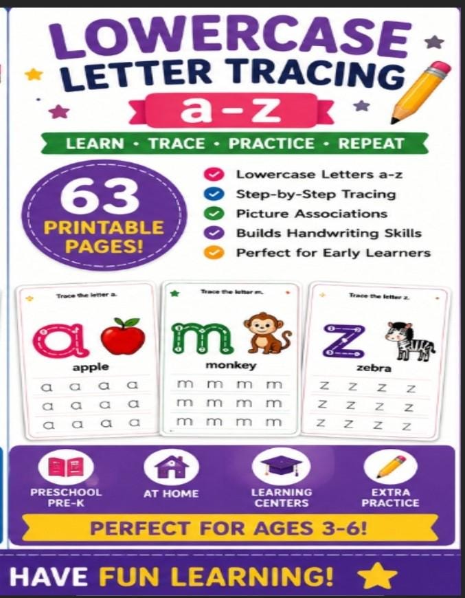 Lowercase Letter Tracing Worksheets Printable, 63 Page Alphabet Handwriting Practice a–z Preschool Workbook PDF