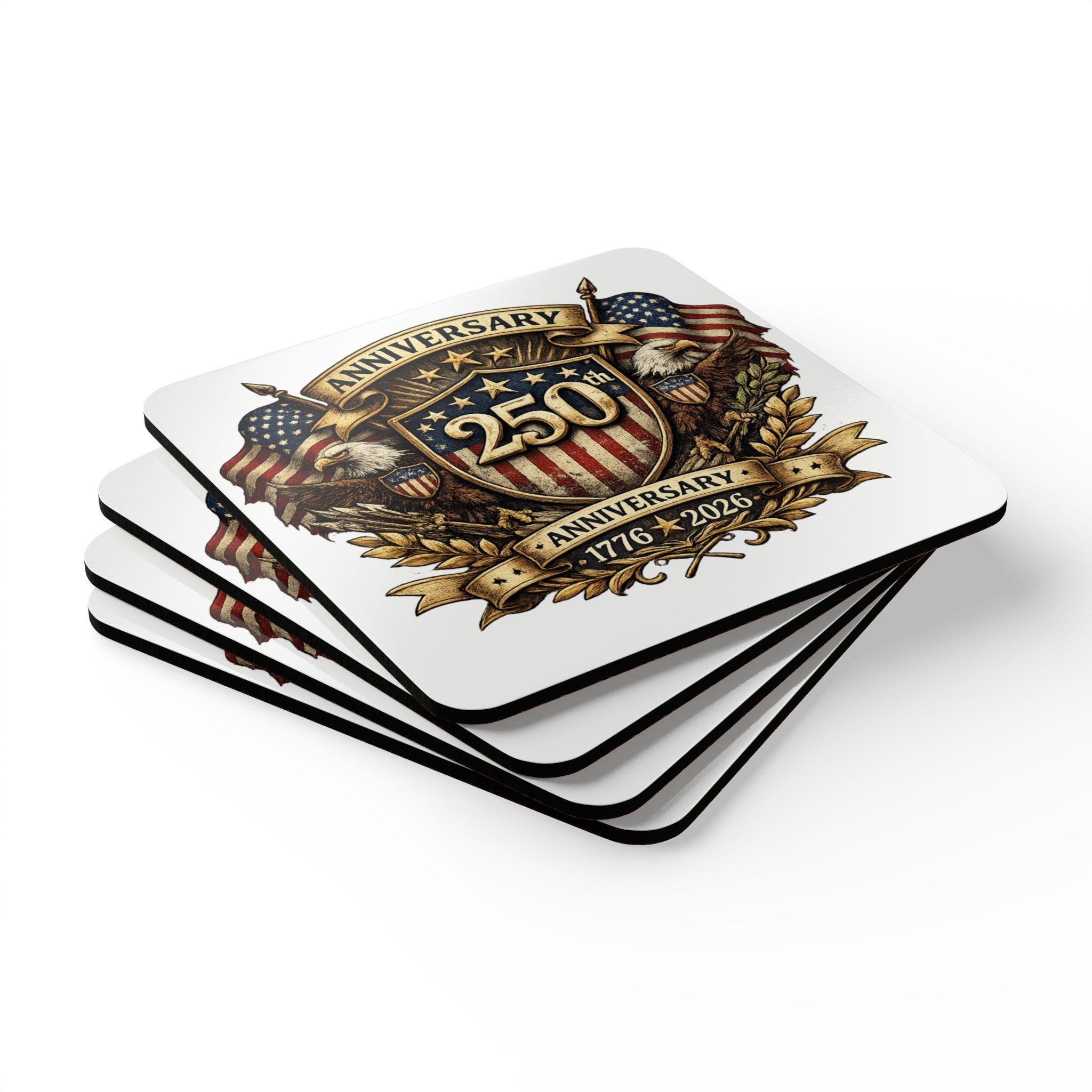 250th Anniversary Shield Cork Coaster | 1776 2026 Patriotic Eagle Emblem, Excellent Gift!