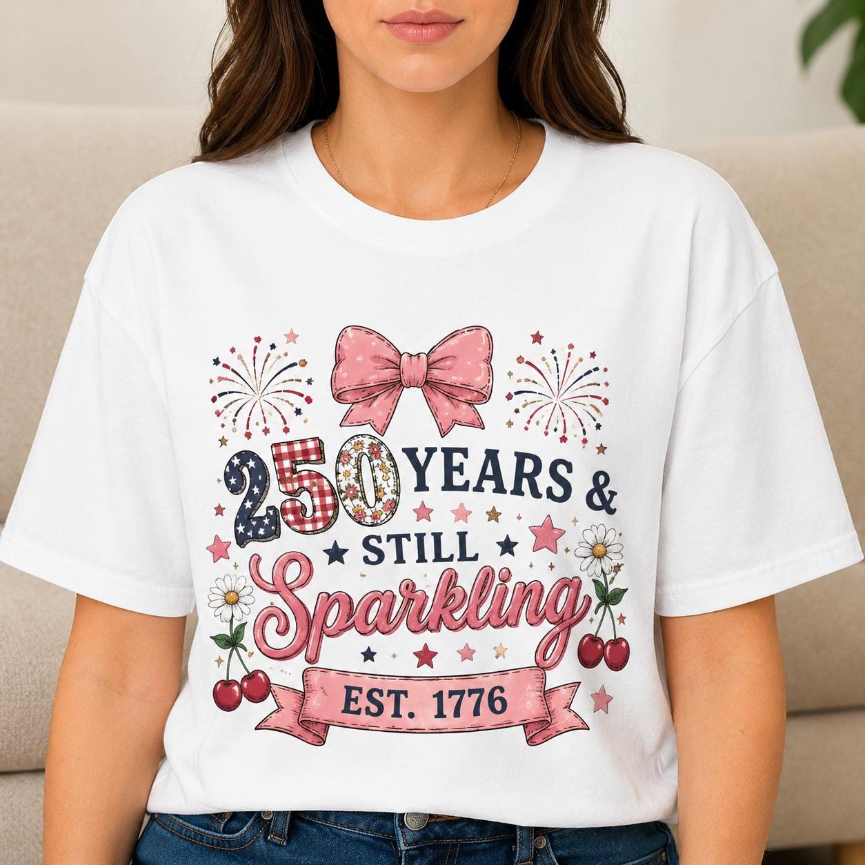 250 Years & Still Sparkling T-Shirt | 1776 Patriotic Fireworks Bow, 250th Anniversary, America USA Birthday, 4th of July, Excellent Gift!
