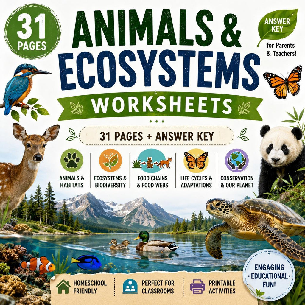 Animals and Ecosystems Homeschool Packet Printable, Habitat Worksheets, Elementary Science Unit Study PDF