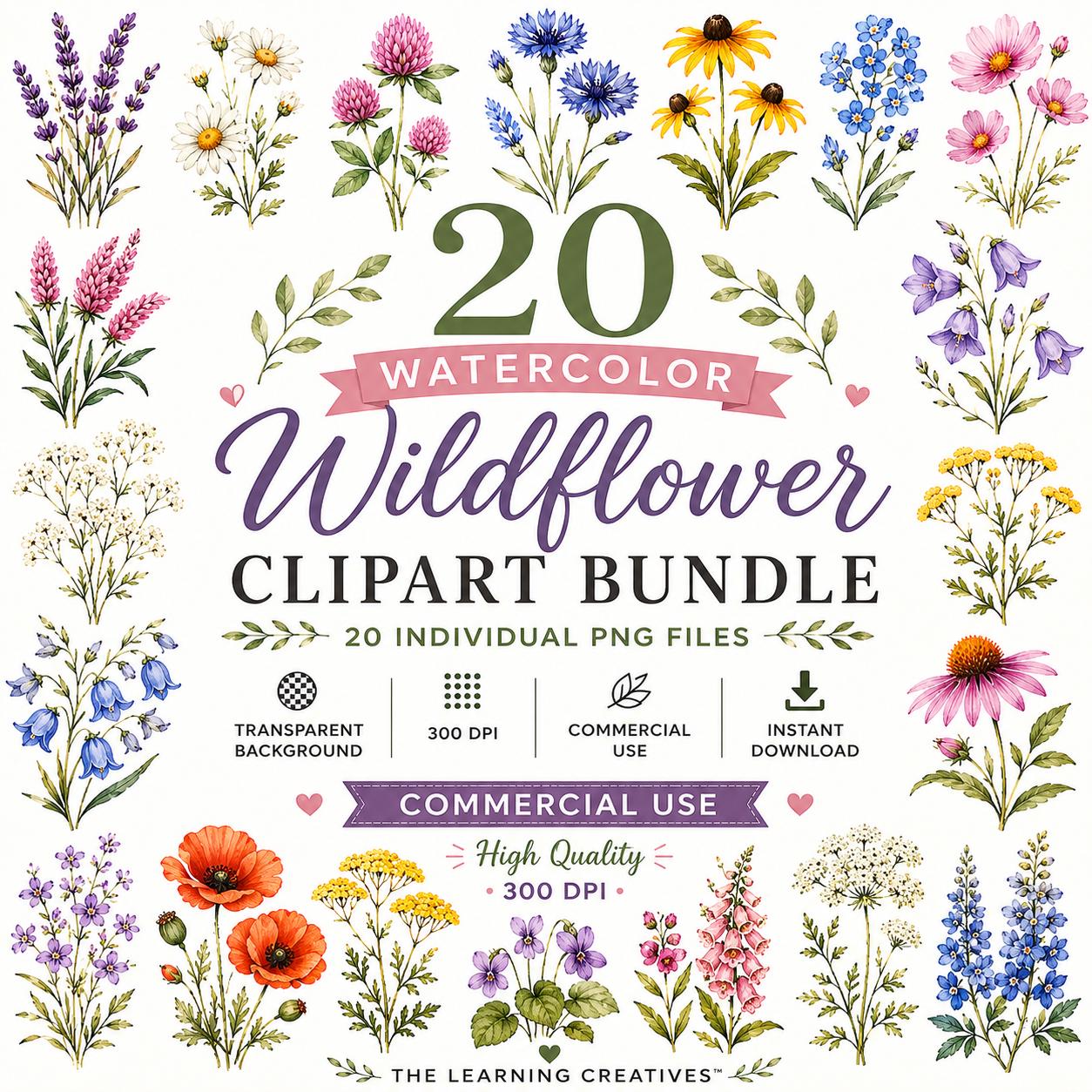 Watercolor Wildflower Clipart Bundle, Botanical Floral PNG Graphics (Digital Download), Excellent Gift!