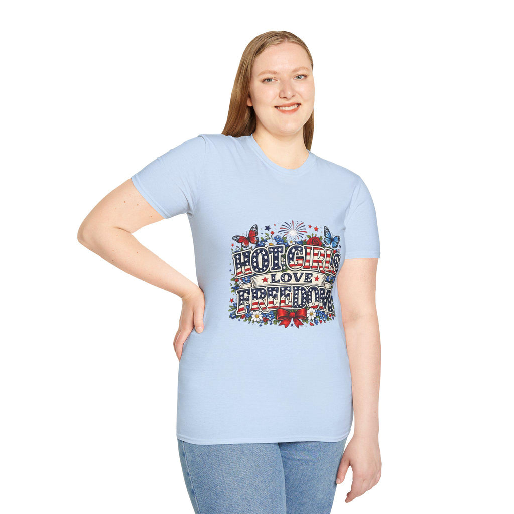 Hot Girls Love Freedom T-Shirt | Patriotic Butterfly Stars Fireworks, Americana 250th Anniversary, America's Birthday, 4th of July