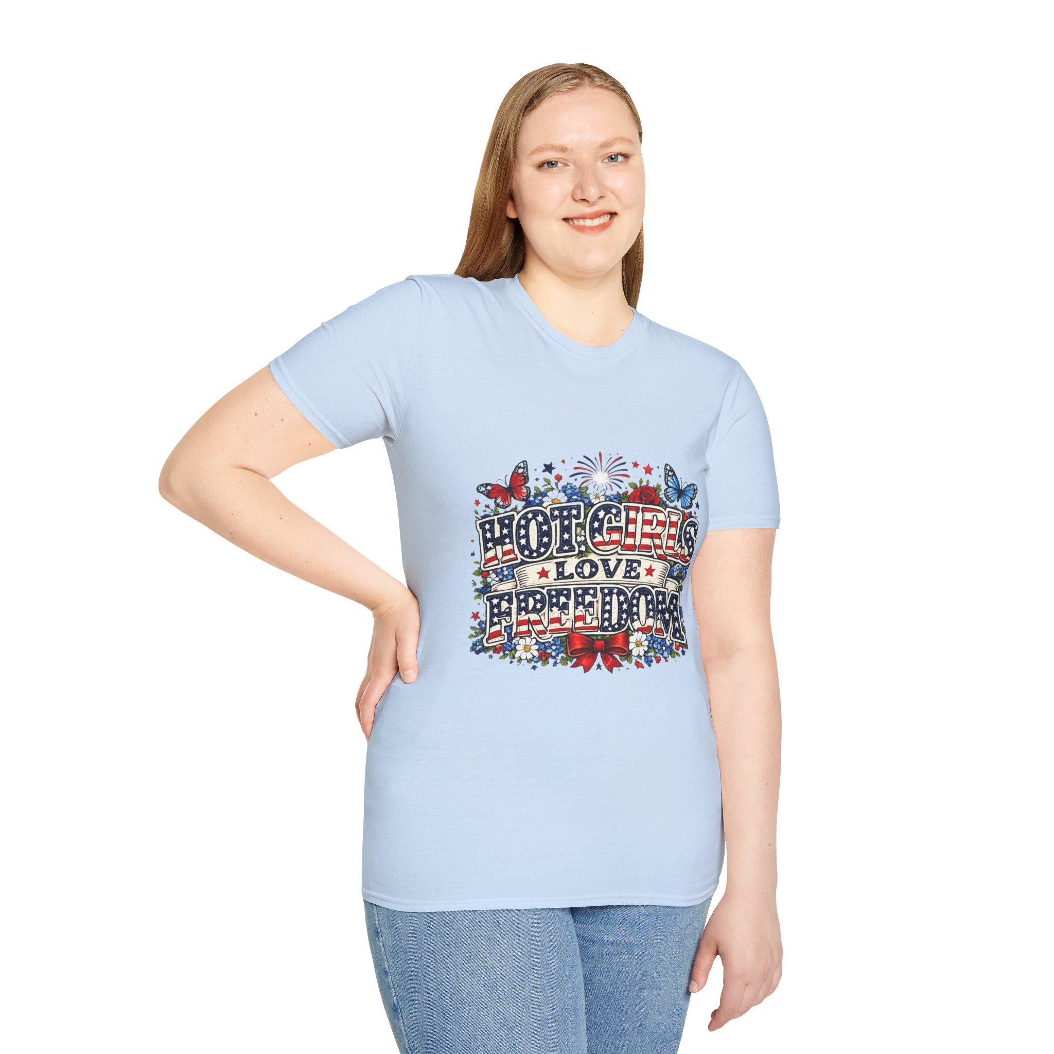 Hot Girls Love Freedom T-Shirt | Patriotic Butterfly Stars Fireworks, Americana 250th Anniversary, America's Birthday, 4th of July