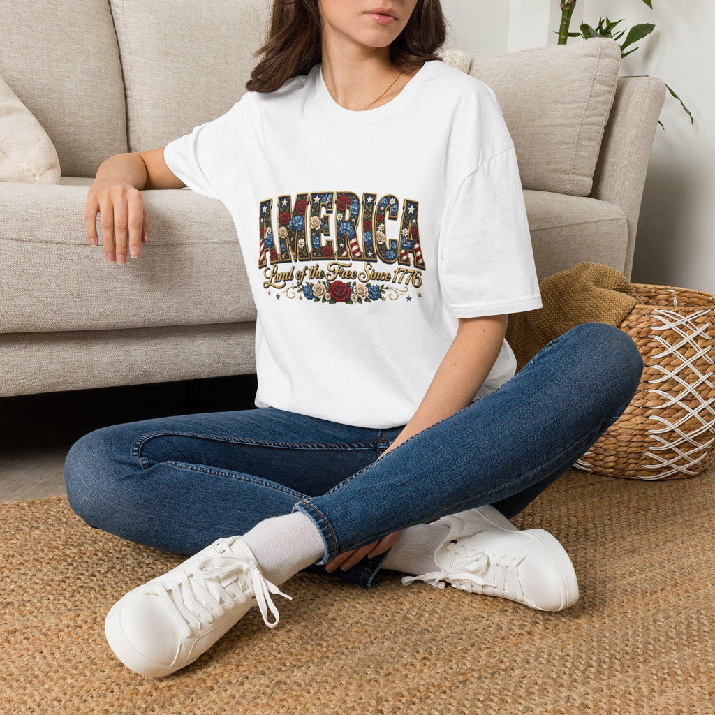 Americana Floral Flag T-Shirt | Land of the Free Since 1776, Vintage Patriotic Graphic Tee, Excellent Gift!