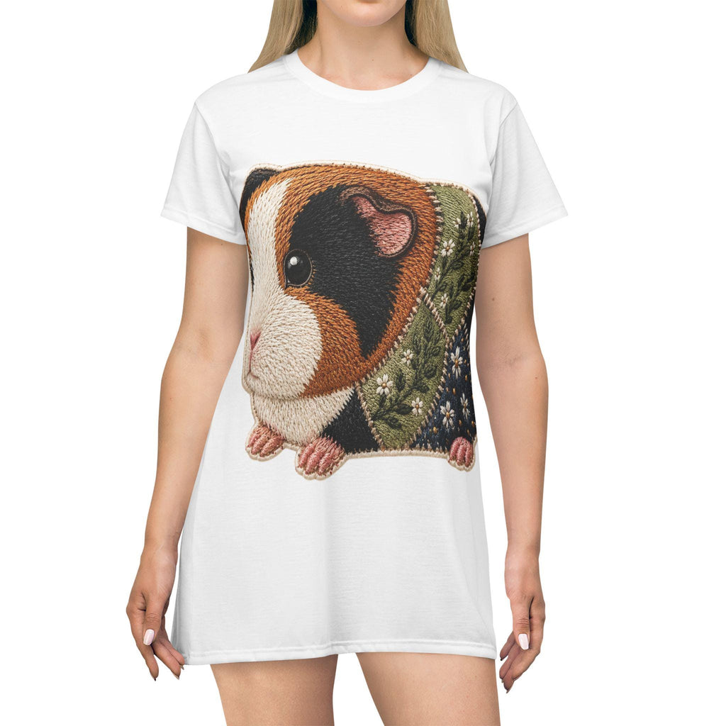 Embroidered Guinea Pig Illustration T-Shirt Dress | Floral Patchwork Rodent, Excellent Gift!
