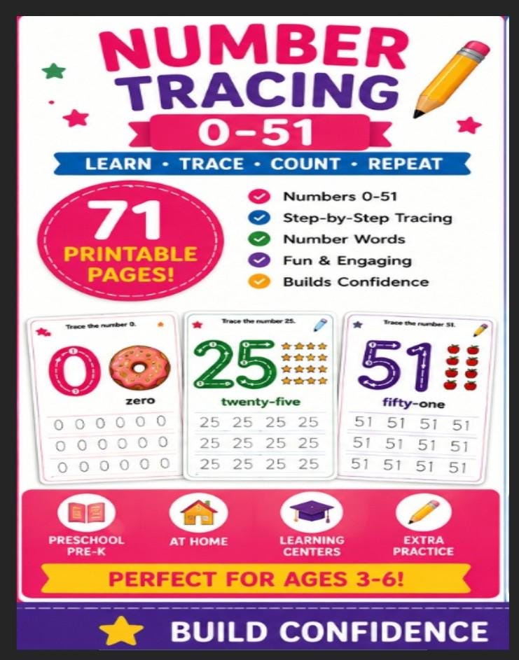 Number Tracing Worksheets 0–51 Printable, 71 Page Preschool Number Workbook, Pre-K Counting Activities PDF