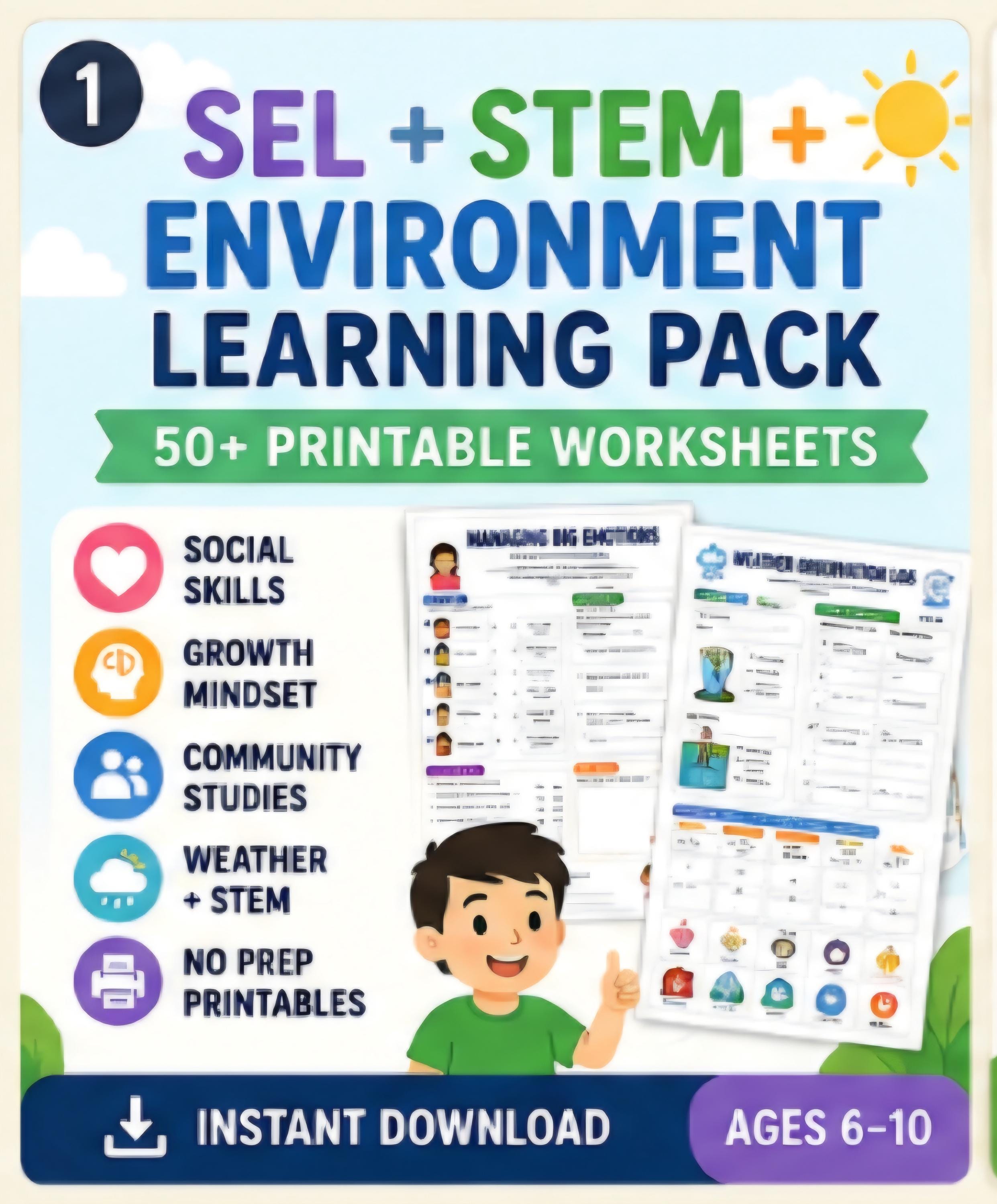 SEL Activities Bundle Printable, Environment and STEM Worksheets, Social Emotional Learning Homeschool PDF