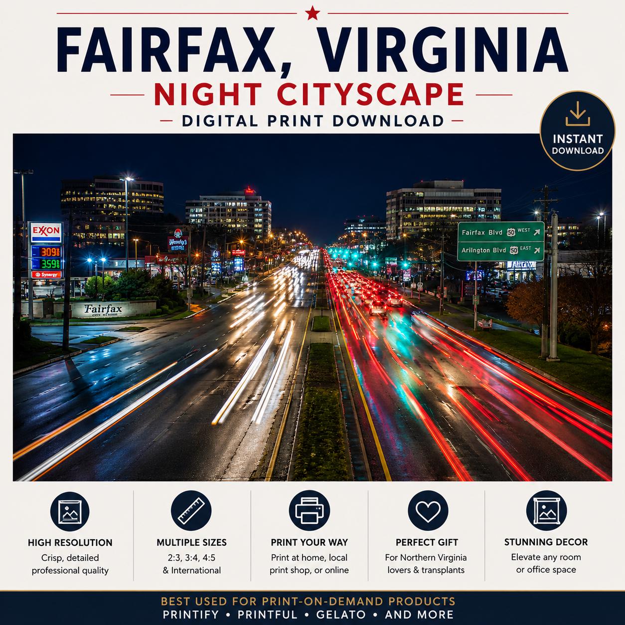 Fairfax Blvd Night Cityscape Print | Northern Virginia Wall Art (Digital Download), Excellent Gift!