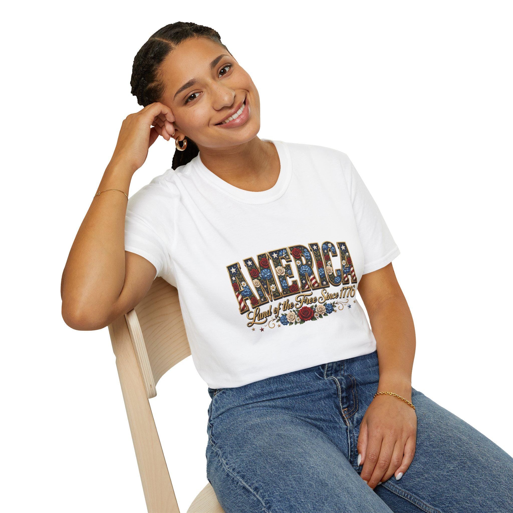 Americana Floral Flag T-Shirt | Land of the Free Since 1776, Vintage Patriotic Graphic Tee, Excellent Gift!