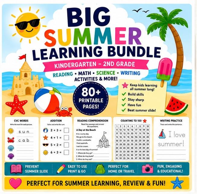 Summer Learning Bundle | 80+ Printable Pages | Kindergarten Activities | Summer Workbook | Homeschool Worksheets | Preschool Learning Pack