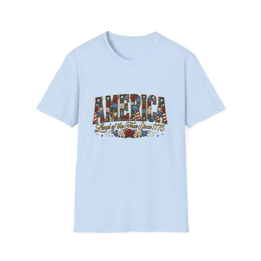 Americana Floral Flag T-Shirt | Land of the Free Since 1776, Vintage Patriotic Graphic Tee, Excellent Gift!