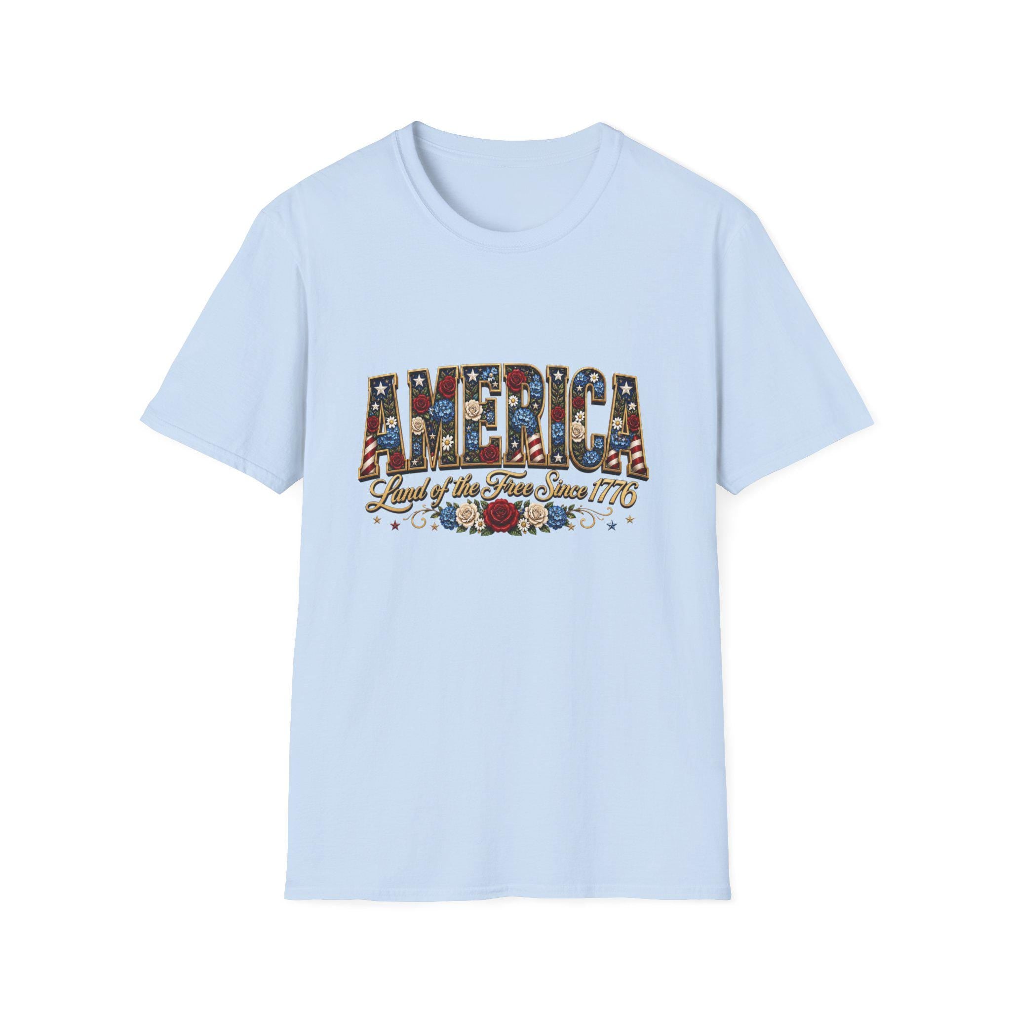 Americana Floral Flag T-Shirt | Land of the Free Since 1776, Vintage Patriotic Graphic Tee, Excellent Gift!