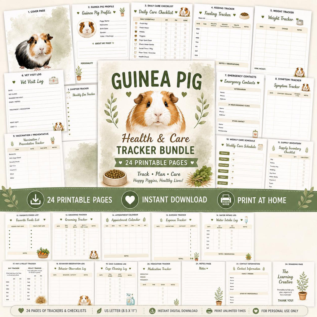 Guinea Pig Health and Care Planner Bundle, Daily Feeding Weight Tracker (Digital Download)
