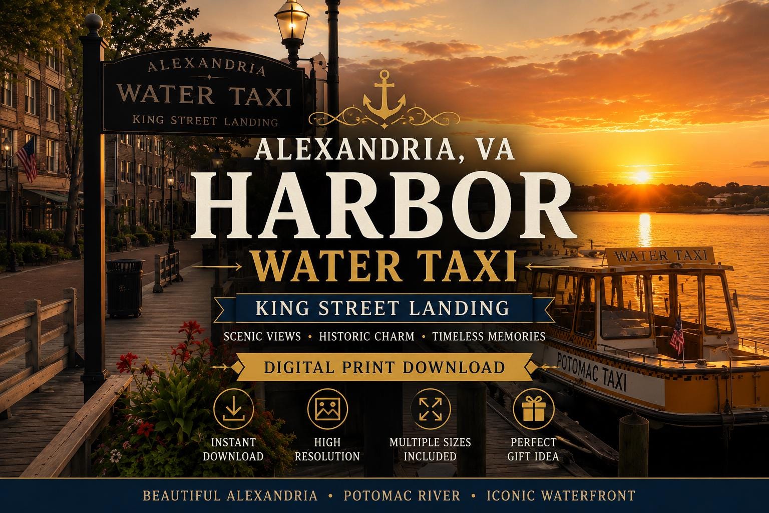 Alexandria VA Harbor Water Taxi Sunset Art (Digital Download) King Street Landing Waterfront Scene, Excellent Gift!