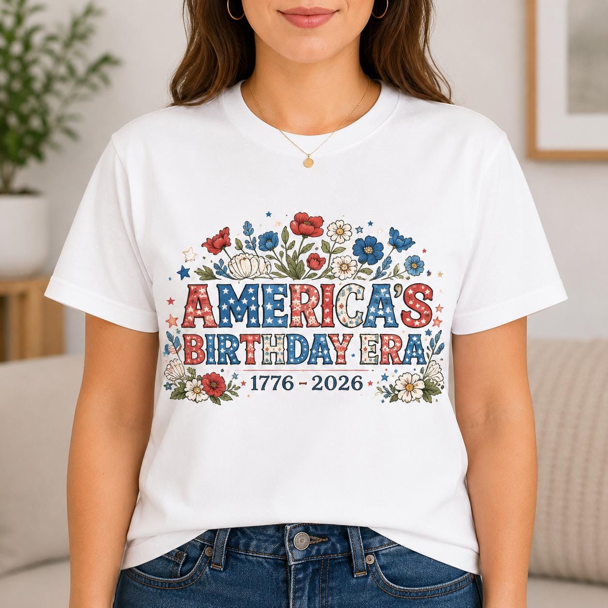 America's Birthday Era T-Shirt | Patriotic Floral Tee 1776-2026, Excellent Gift!