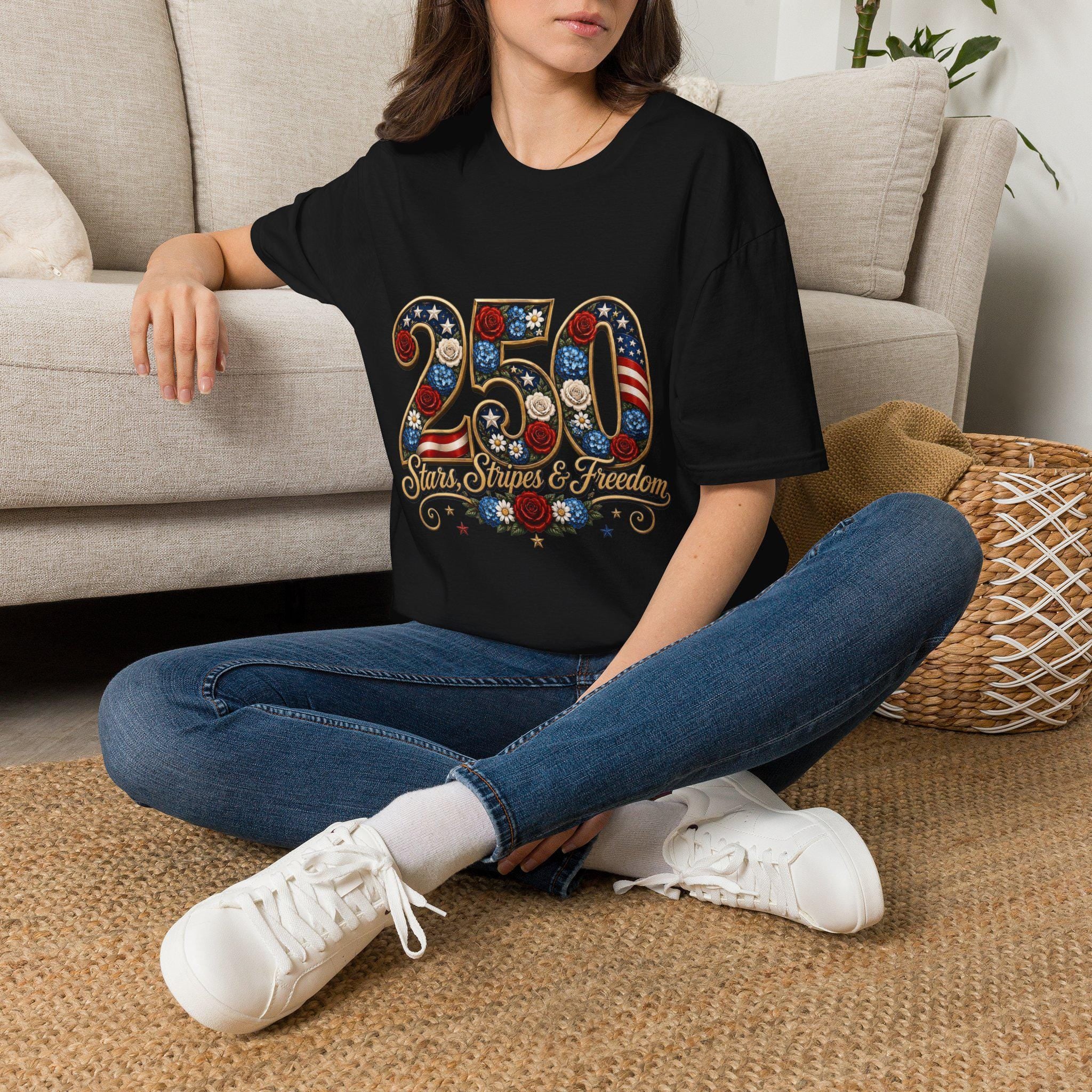 250th Anniversary Patriotic Floral T-Shirt | Stars Stripes Freedom Graphic Tee, Excellent Gift!