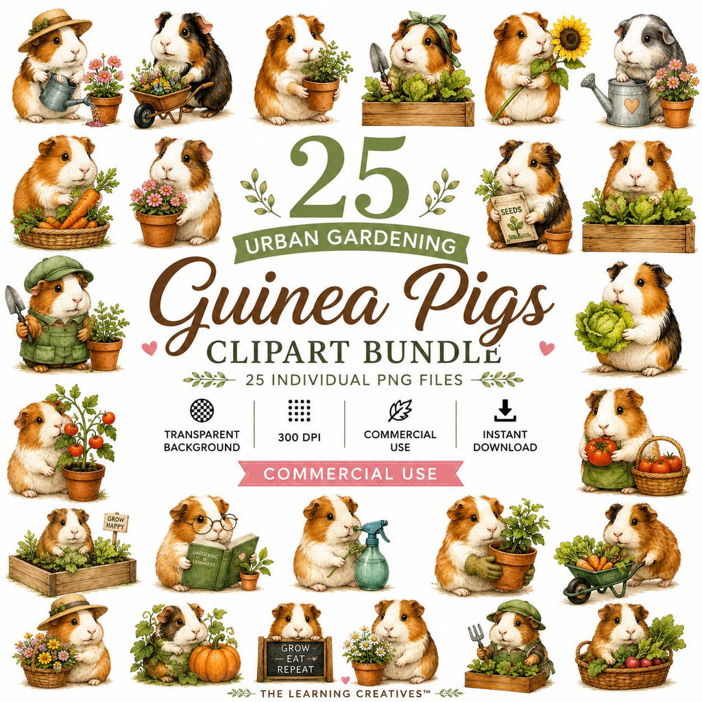 25 Urban Gardening Guinea Pig Clipart, Watercolor Animals PNG (Commercial Use), Excellent Gift!