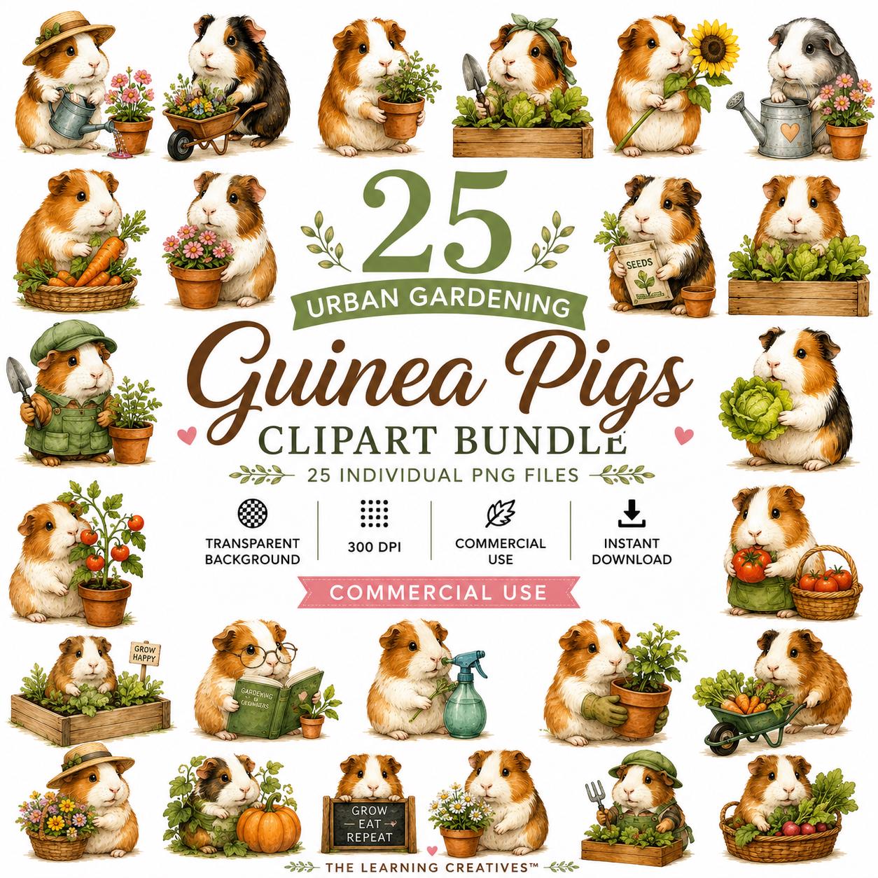 25 Urban Gardening Guinea Pig Clipart, Watercolor Animals PNG (Commercial Use), Excellent Gift!