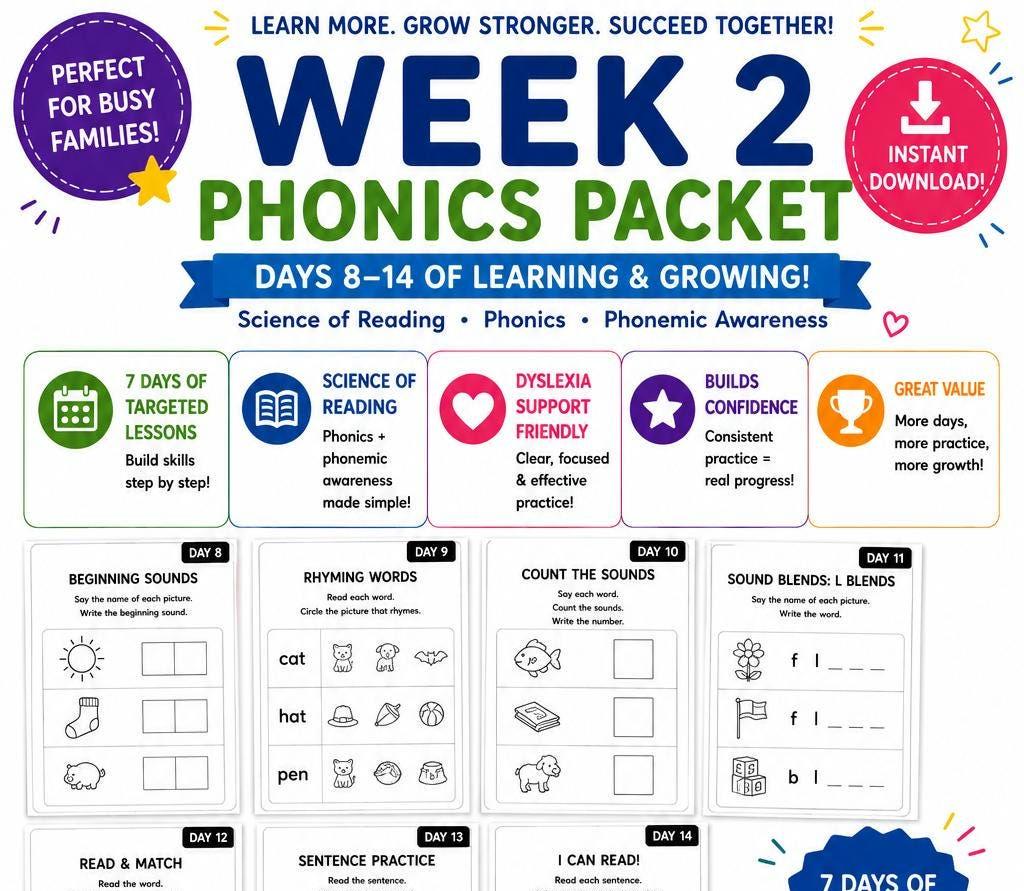 Week 2 Homeschool Phonics Packet Printable, Science of Reading Worksheets, K–2 Reading Intervention Activities