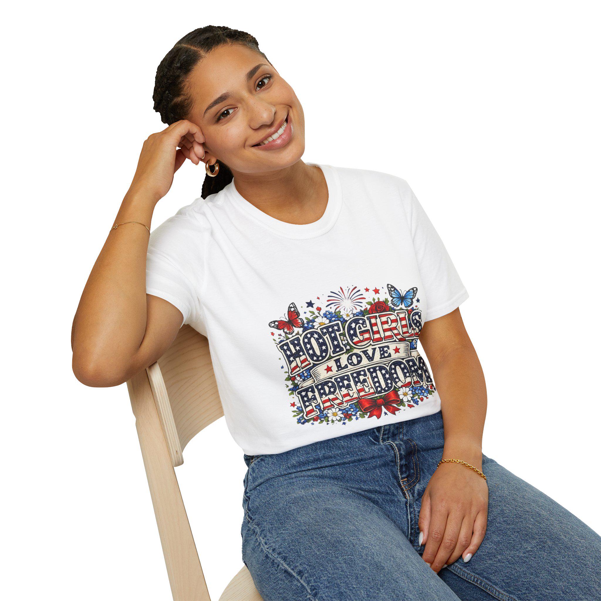 Hot Girls Love Freedom T-Shirt | Patriotic Butterfly Stars Fireworks, Americana 250th Anniversary, America's Birthday, 4th of July