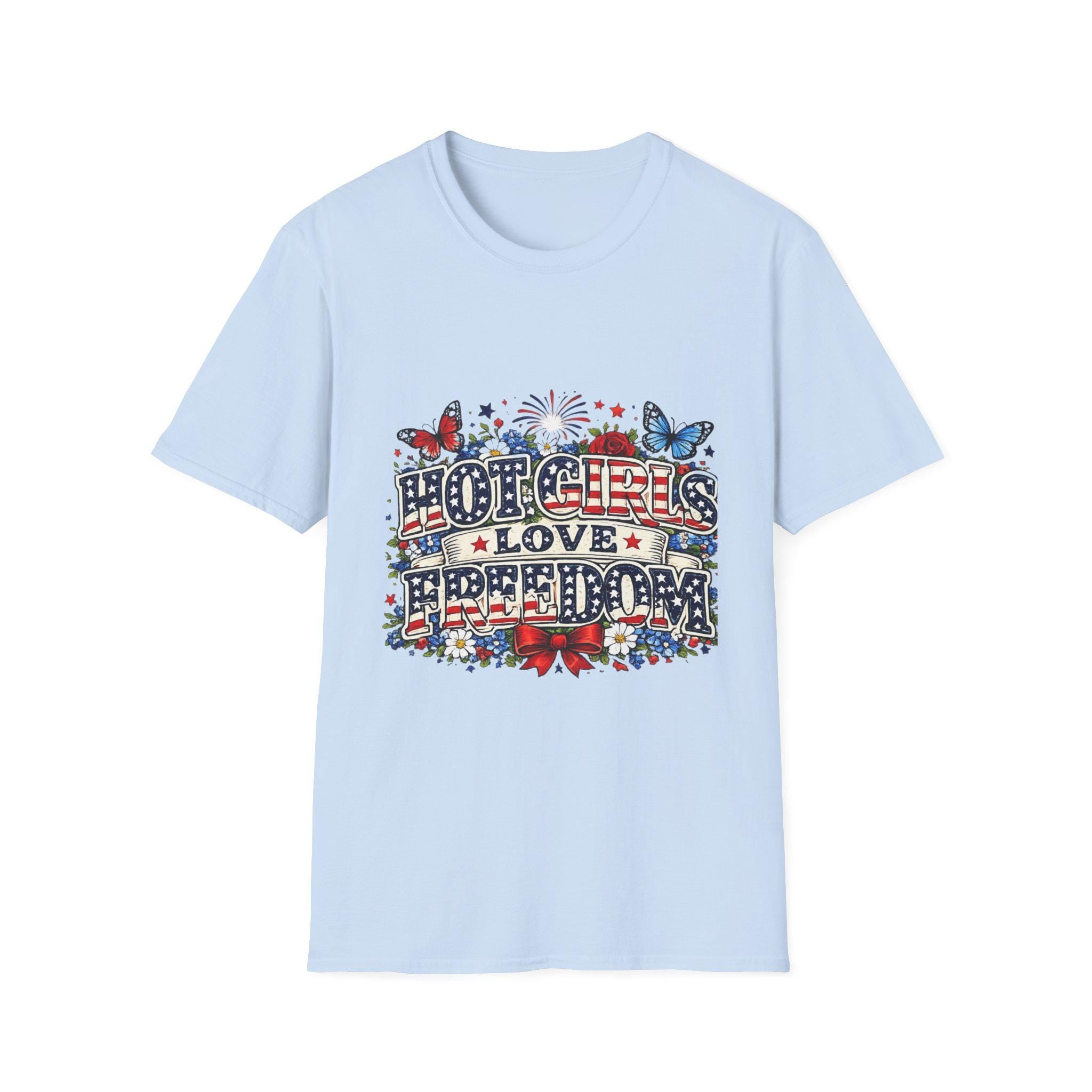 Hot Girls Love Freedom T-Shirt | Patriotic Butterfly Stars Fireworks, Americana 250th Anniversary, America's Birthday, 4th of July