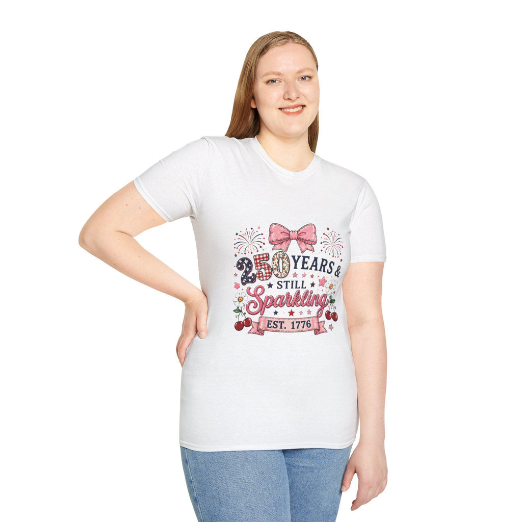 250 Years & Still Sparkling T-Shirt | 1776 Patriotic Fireworks Bow, 250th Anniversary, America USA Birthday, 4th of July, Excellent Gift!