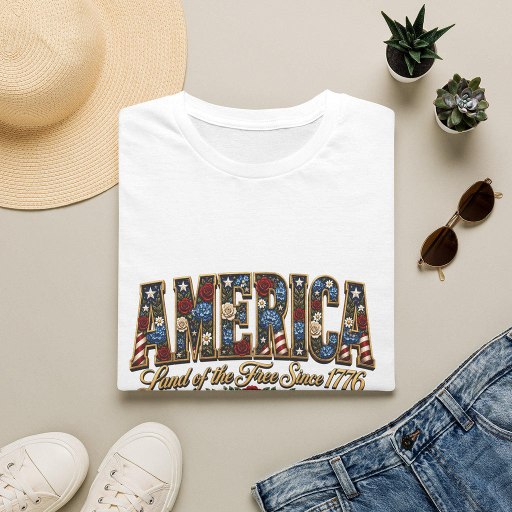 Americana Floral Flag T-Shirt | Land of the Free Since 1776, Vintage Patriotic Graphic Tee, Excellent Gift!