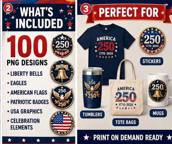 100 America 250 PNG Bundle, USA 250th Anniversary Clipart, Patriotic Graphics, Semiquincentennial, Commercial Use