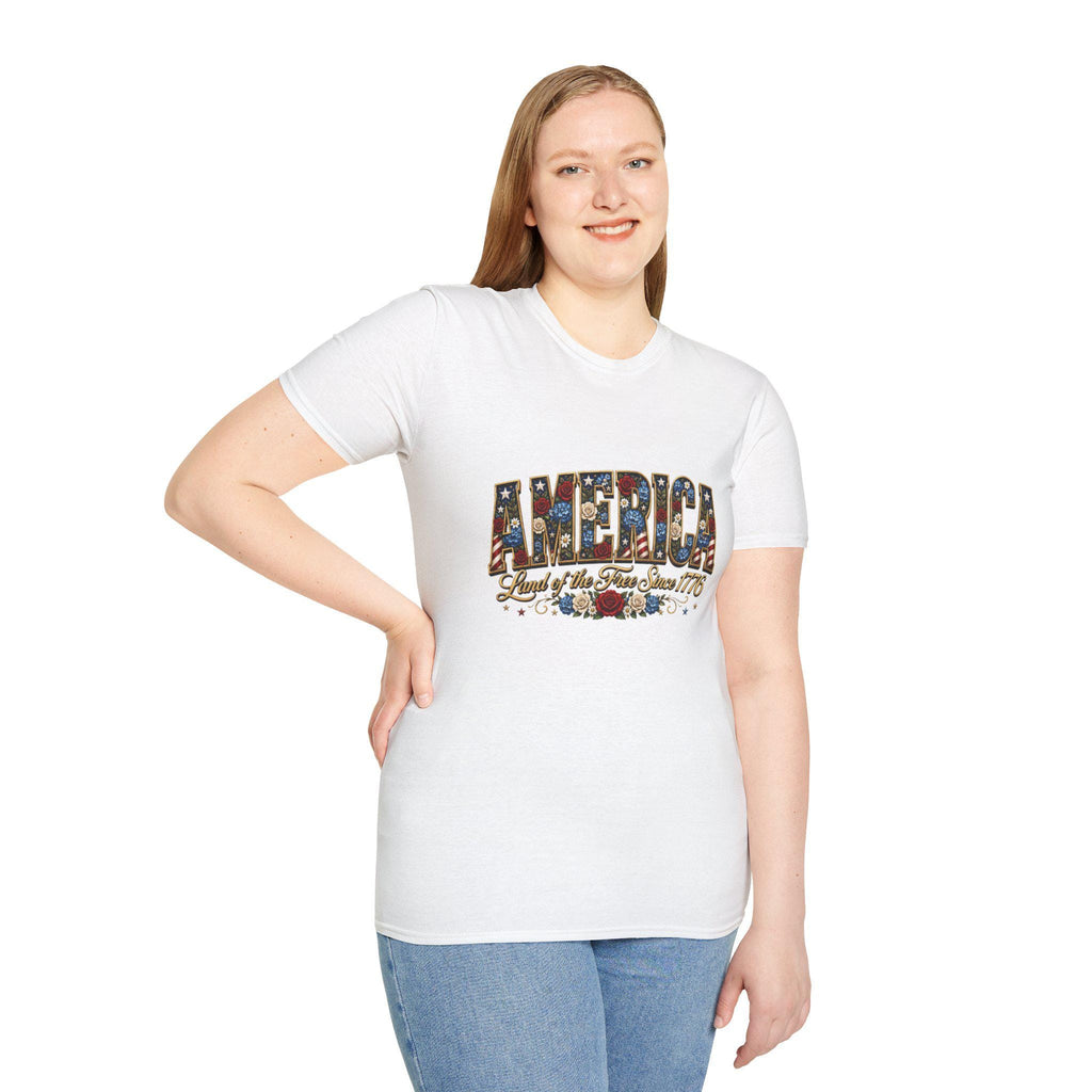 Americana Floral Flag T-Shirt | Land of the Free Since 1776, Vintage Patriotic Graphic Tee, Excellent Gift!