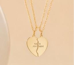 Engraved Break Apart Heart Necklace Set, 18K PVD Gold Stainless Steel Pendant, Excellent Gift!