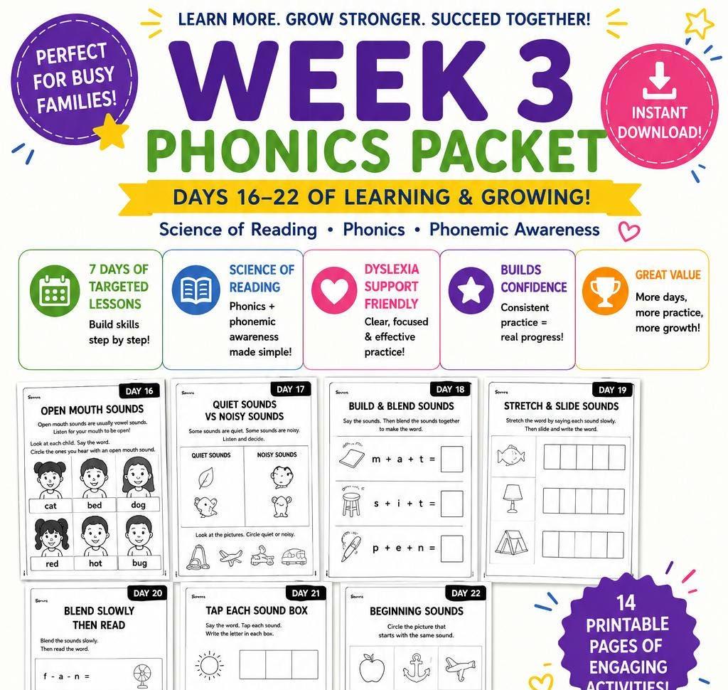 Homeschool Phonics Packet, Science of Reading Worksheets, Week 3, K-2 Reading Activities (Digital Download)