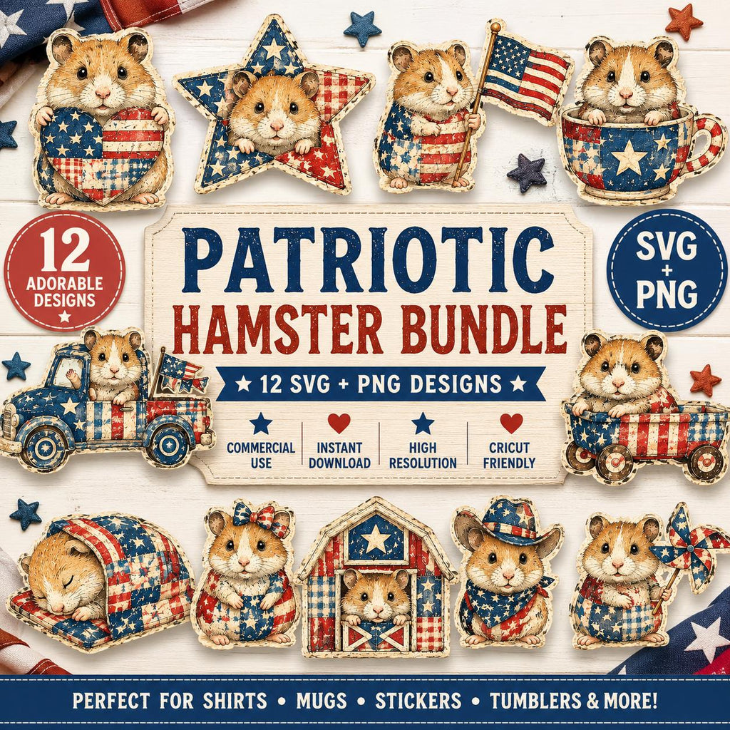 Patriotic Hamster PNG Clipart Bundle | Vintage Americana Patchwork Designs (Digital Download), Excellent Gift!