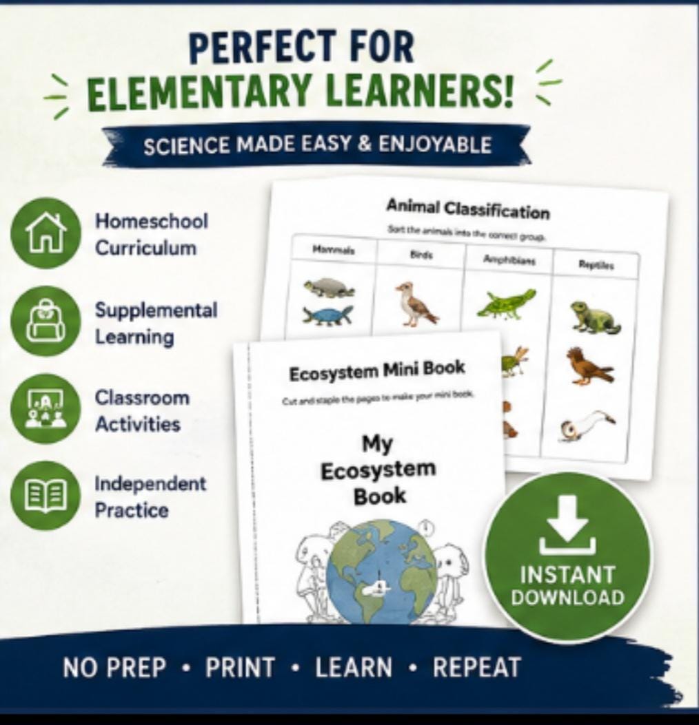 Animals and Ecosystems Homeschool Packet Printable, Habitat Worksheets, Elementary Science Unit Study PDF