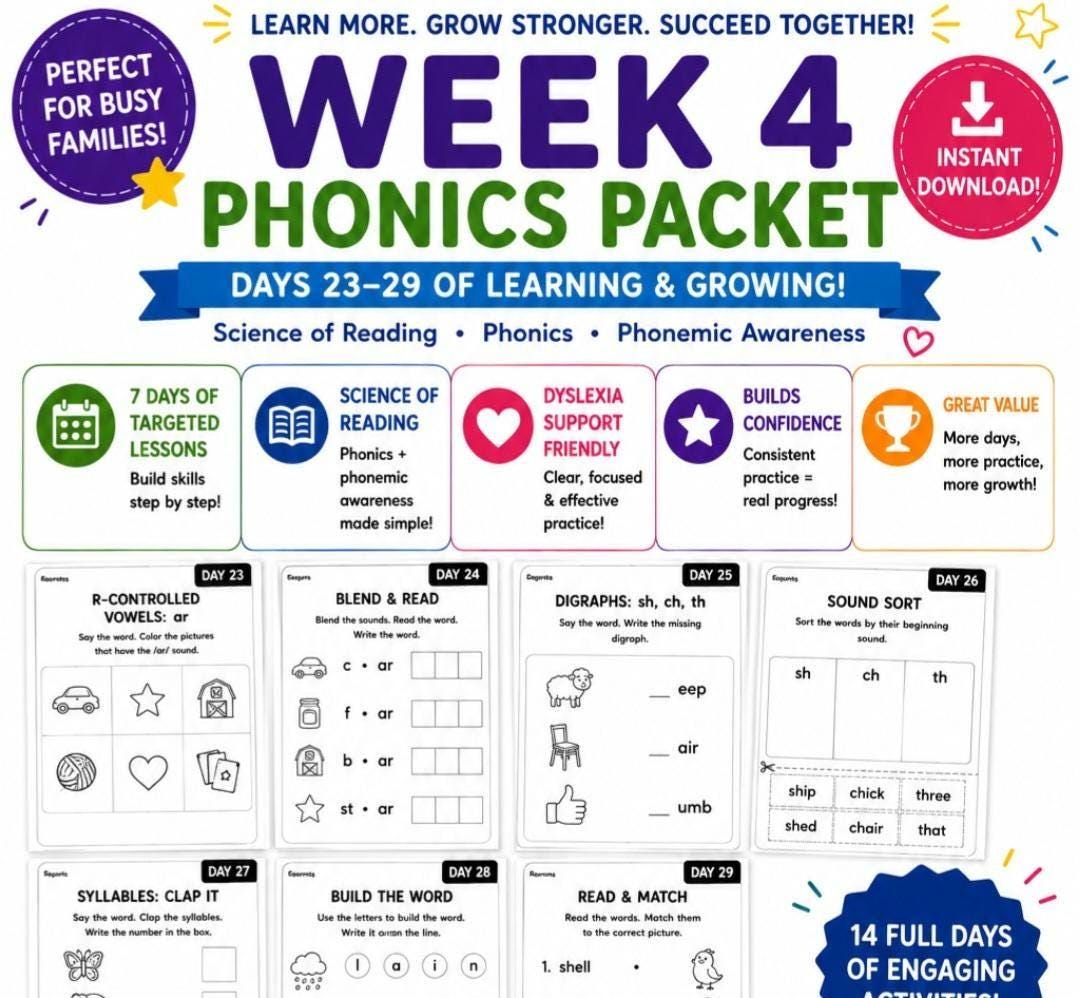 Homeschool Phonics Packet Week 4, Science of Reading Worksheets, K–2 Reading Activities (Digital Download)