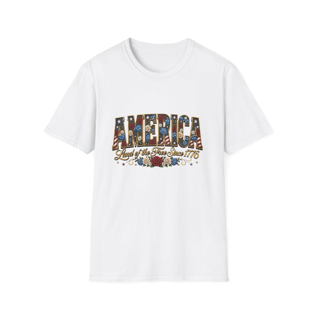 Americana Floral Flag T-Shirt | Land of the Free Since 1776, Vintage Patriotic Graphic Tee, Excellent Gift!