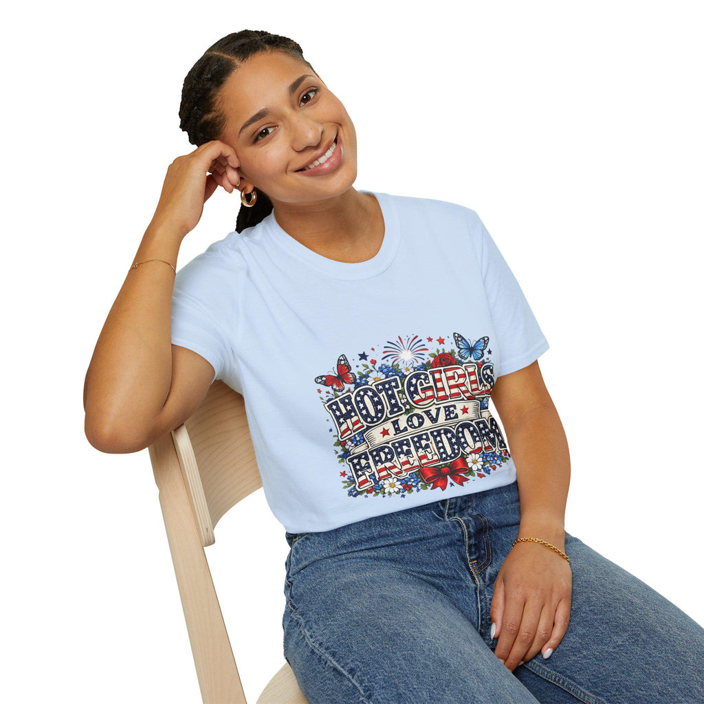 Hot Girls Love Freedom T-Shirt | Patriotic Butterfly Stars Fireworks, Americana 250th Anniversary, America's Birthday, 4th of July