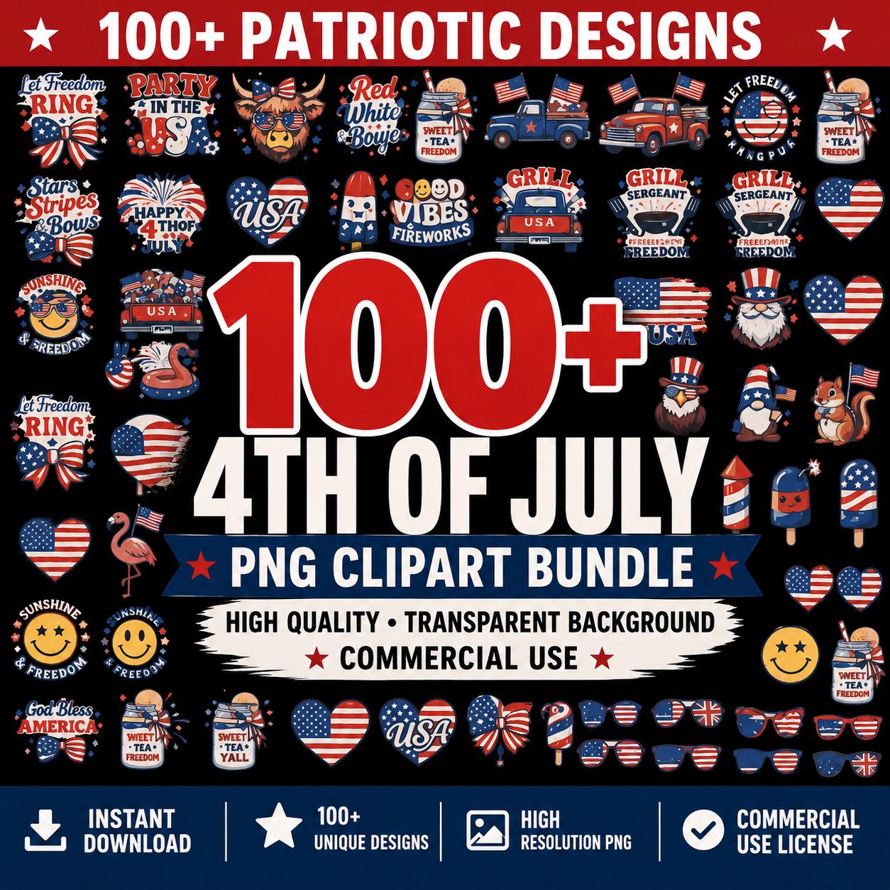 100+ 4th of July PNG Clipart Bundle | Patriotic USA Graphics | American Flag Sublimation Designs | Commercial Use