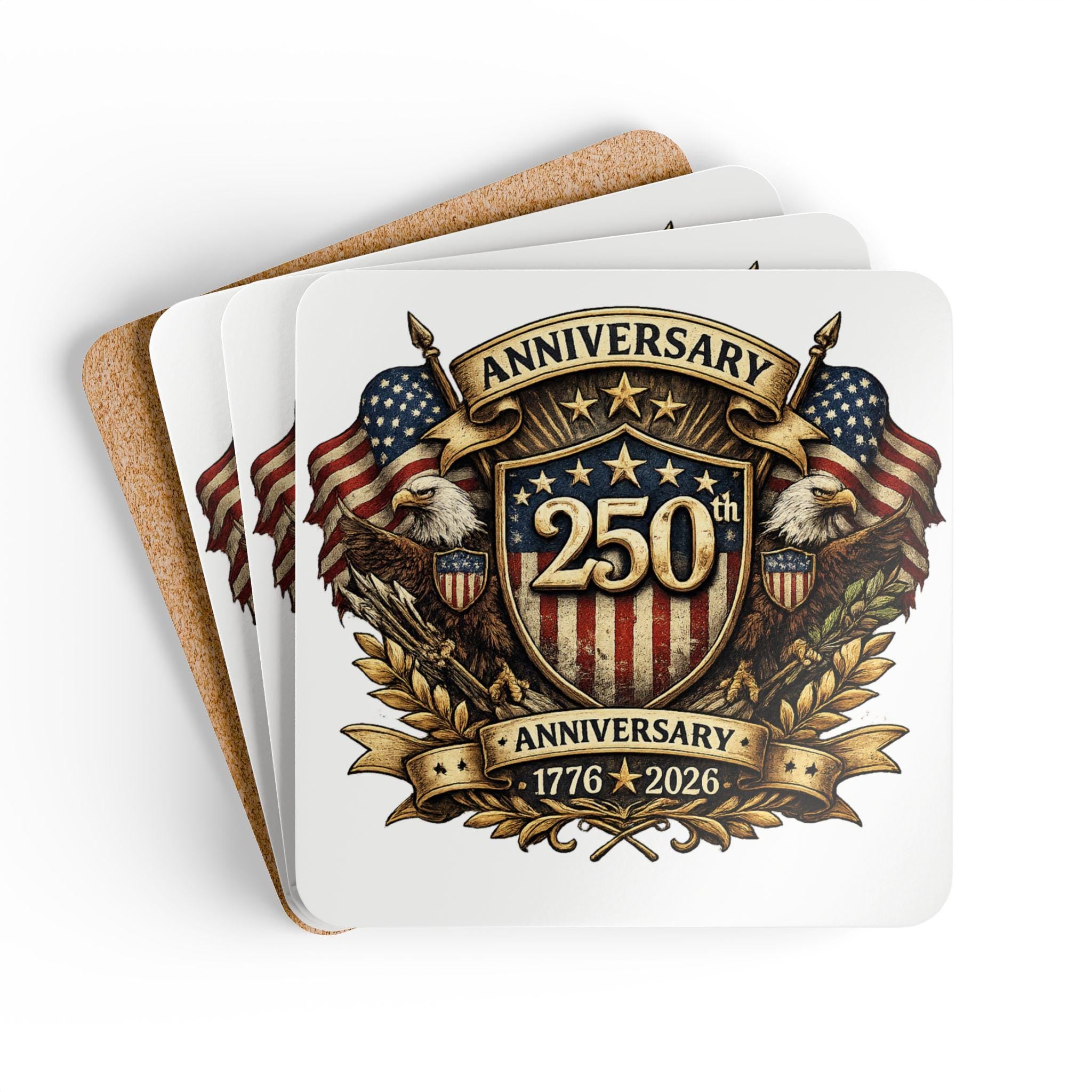 250th Anniversary Shield Cork Coaster | 1776 2026 Patriotic Eagle Emblem, Excellent Gift!