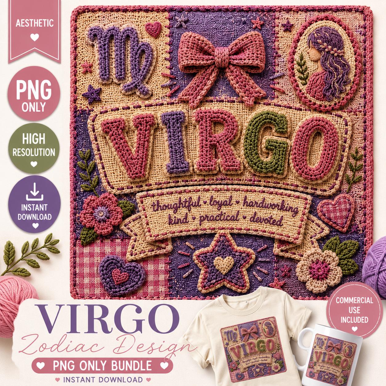 Virgo Zodiac Crochet PNG Bundle | Coquette Astrology Cut File (Digital Download), Excellent Gift!