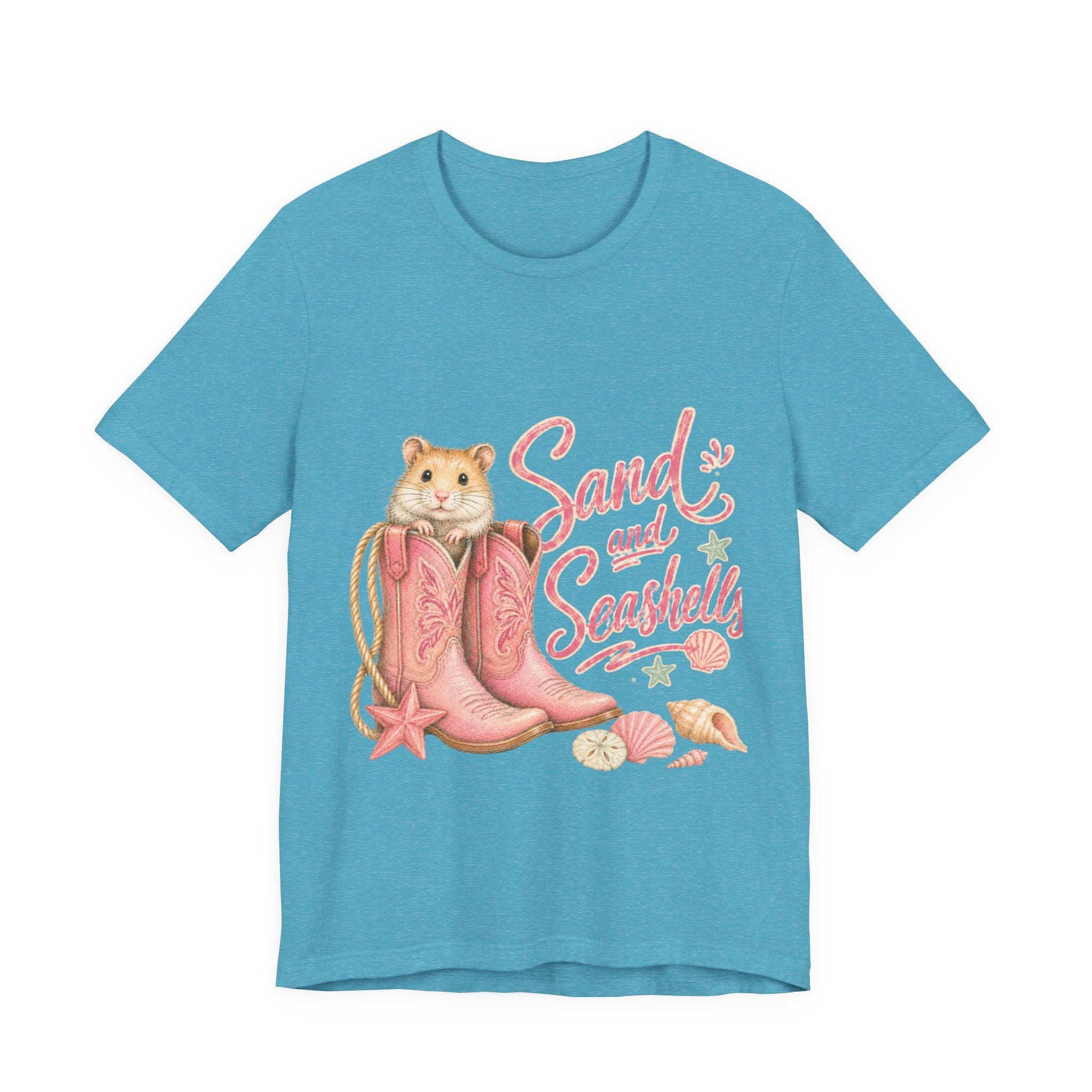 Hamster in Pink Boots T-Shirt | Sand and Seashells Beach Graphic Tee, Excellent Gift!