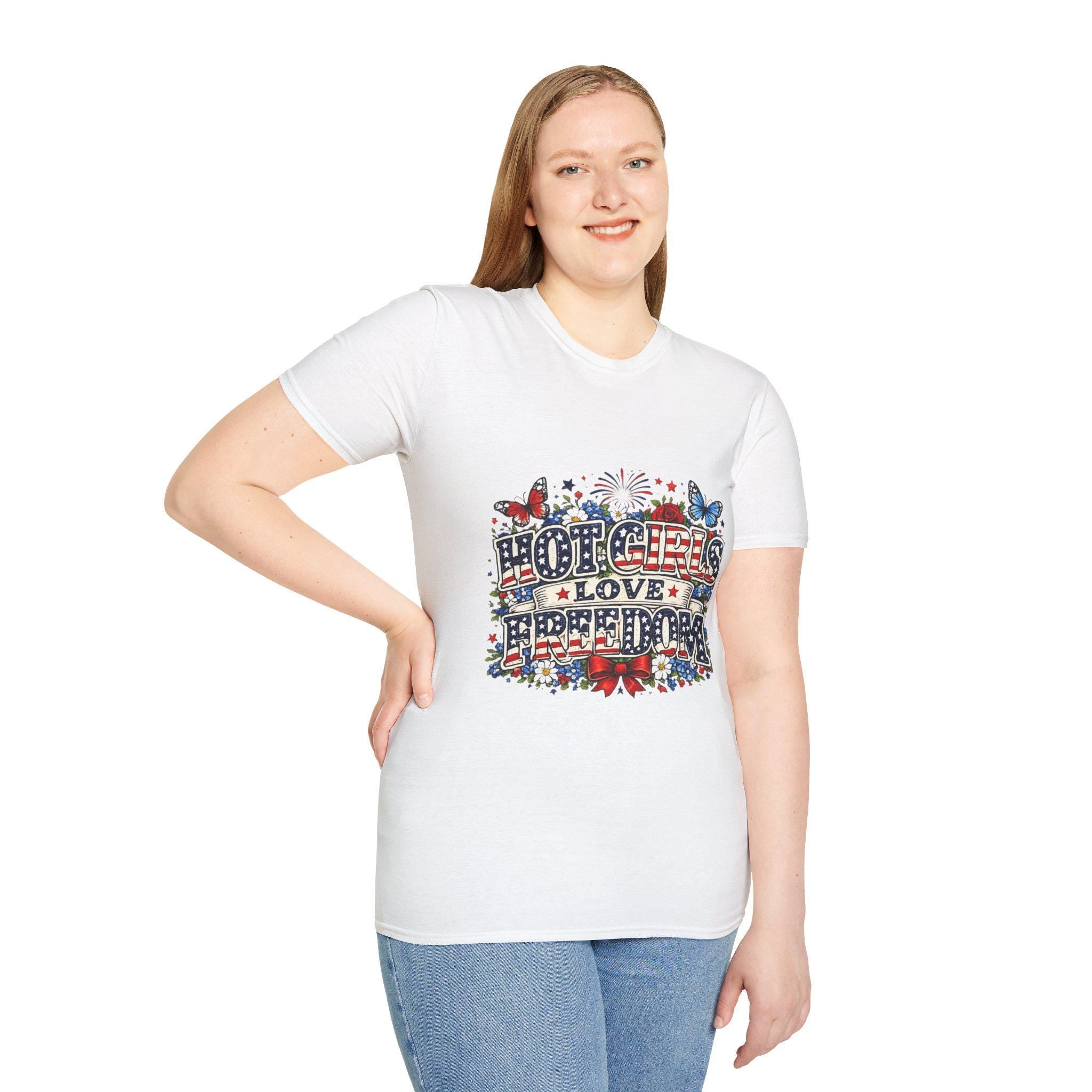 Hot Girls Love Freedom T-Shirt | Patriotic Butterfly Stars Fireworks, Americana 250th Anniversary, America's Birthday, 4th of July