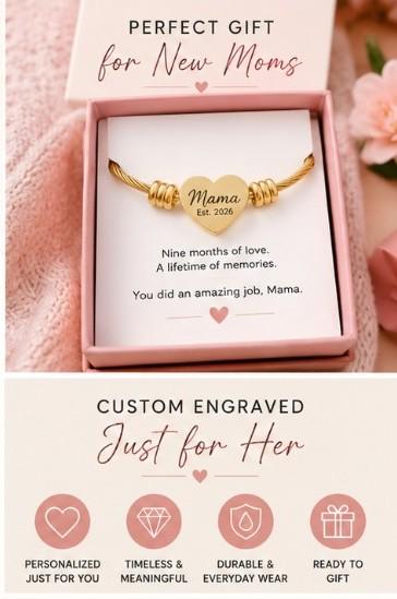 Push Present Engraved Heart Cuff Bracelet | Silver Wire Heart Bracelet, Personalized Engraving