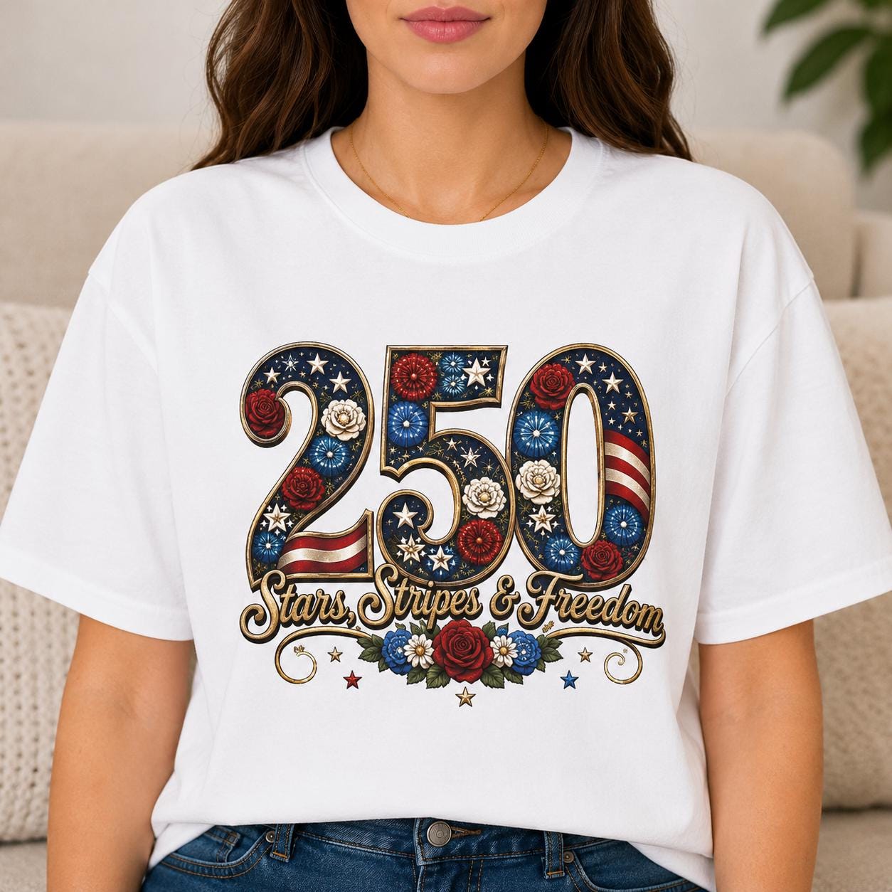 250th Anniversary Patriotic Floral T-Shirt | Stars Stripes Freedom Graphic Tee, Excellent Gift!