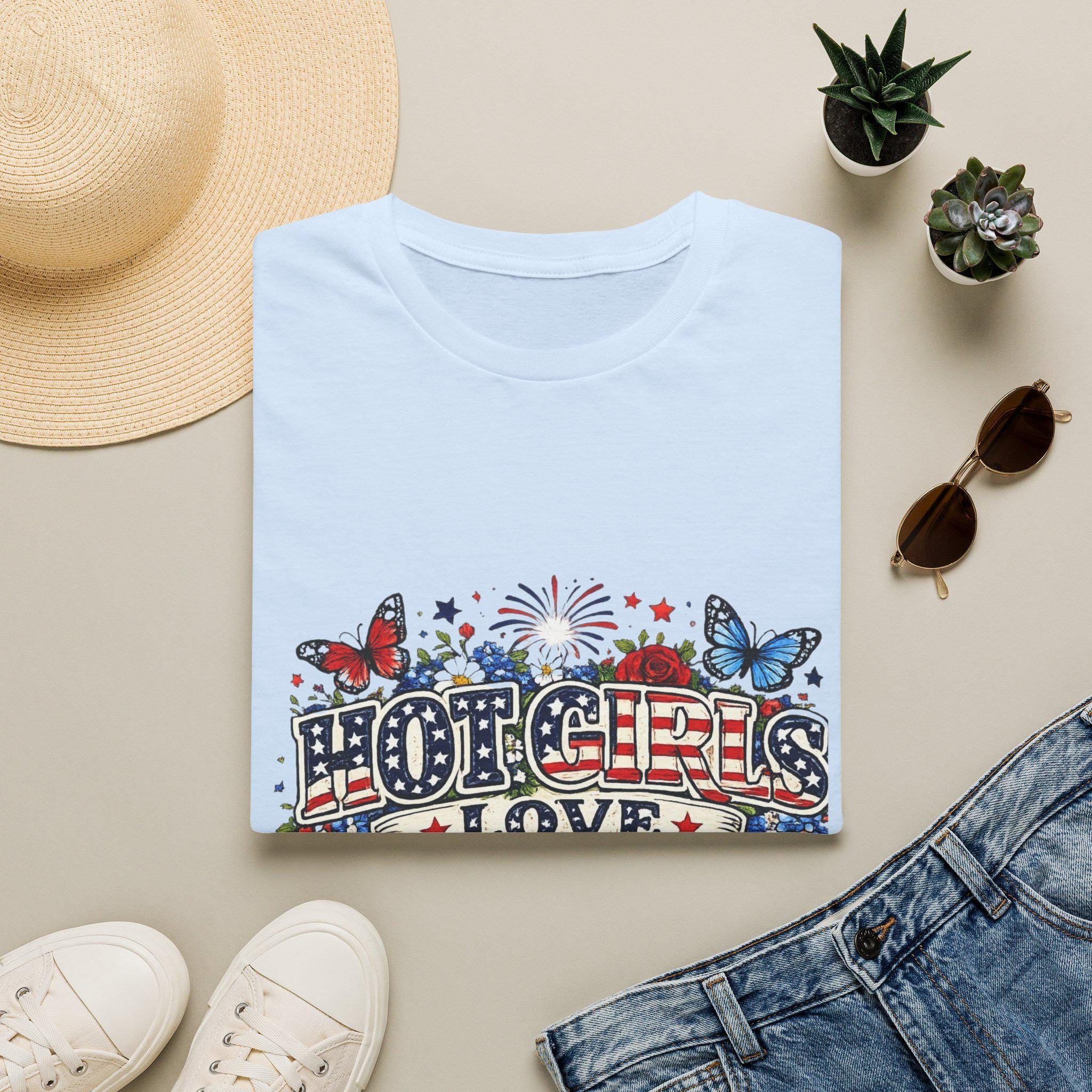 Hot Girls Love Freedom T-Shirt | Patriotic Butterfly Stars Fireworks, Americana 250th Anniversary, America's Birthday, 4th of July