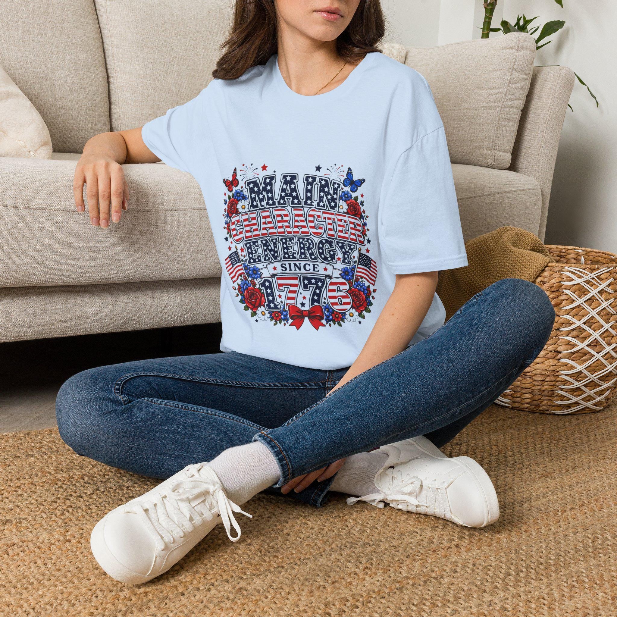 Patriotic Main Character Energy T-Shirt, Stars Stripes Roses Floral Americana Tee, Excellent Gift!