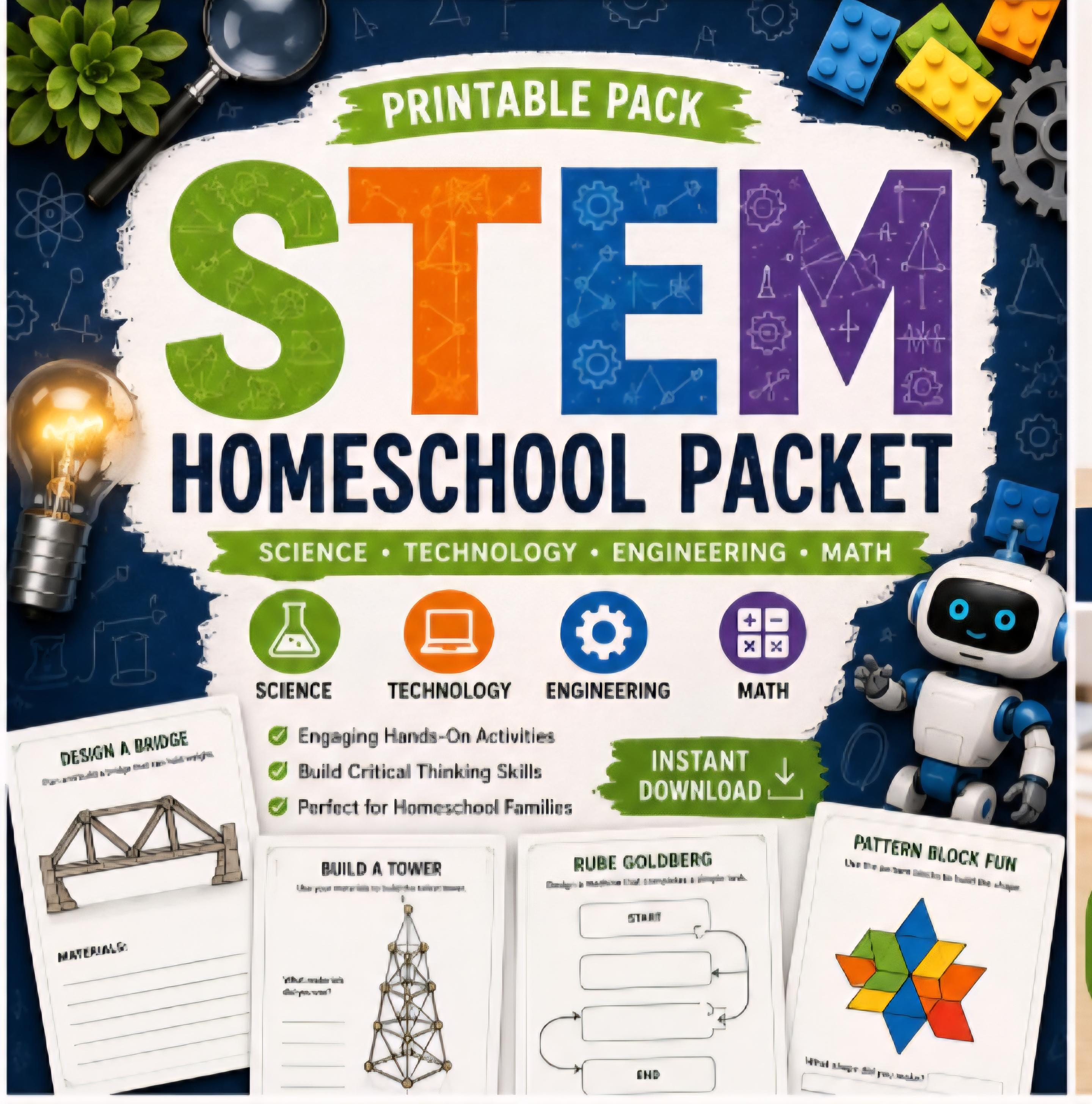 STEM and Technology Homeschool Packet Printable, Engineering and Science Activities PDF, Kids Learning Bundle