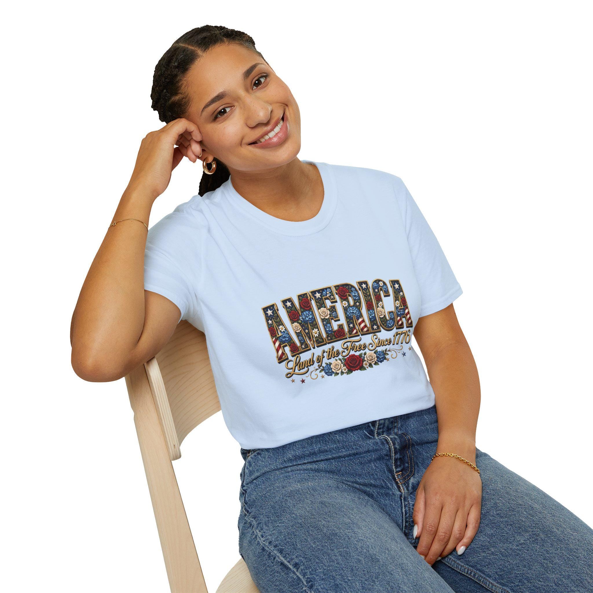 Americana Floral Flag T-Shirt | Land of the Free Since 1776, Vintage Patriotic Graphic Tee, Excellent Gift!
